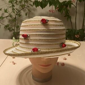Elegant White and Metallic Gold Striped Hat with Red Floral Accents